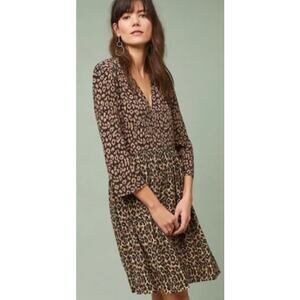 Maeve by Anthropologie Juno Dress Women's Large Brown Black Animal Print V-Neck